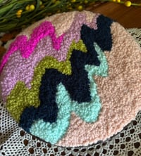 Image 3 of 8” Blue, Pink and Green Abstract Punch Needle Hoop Art