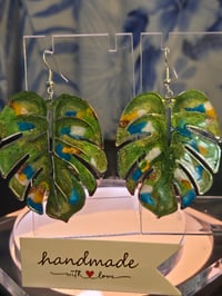 Image 1 of Handcrafted Resin Monstera Leaf Earrings 