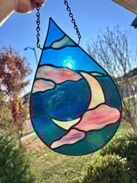 Image 3 of Aqua Blue Stained Glass Moon & Cloud Teardrop Suncatcher - Handmade Window Hanging with Pink Clouds