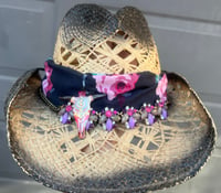 Image 1 of 2 Tone Briwn/Black Cowboy Hat Red Floral Band Crystal and Steer Head
