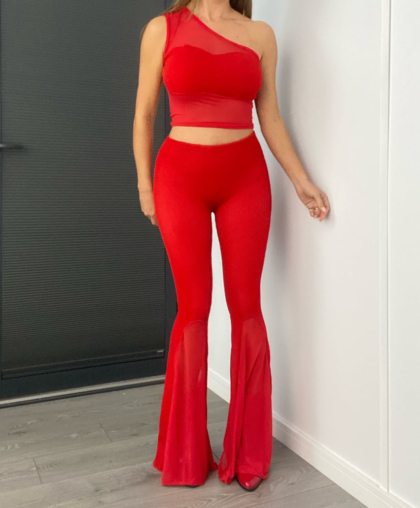 Image of Red Crinkle Mesh Mix Flares & Asymmetric Bustier