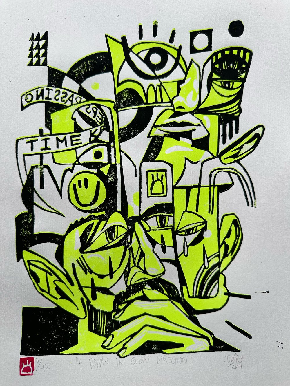 Image of “A Ripple in Every Direction” reductive linocut print