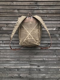 Image 3 of Waxed Canvas Backpack medium size / Hipster Backpack with closing flap and double bottle pocket