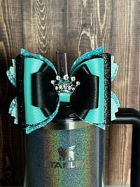 Image 4 of Black and Teal Crown Tumbler Straw Topper Bow
