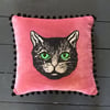 Velvet cotton with embroidered cat patch cushion cover and black pom poms