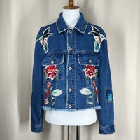 Image 3 of SIGNATURE8 floral and butterfly patch crop denim blue jean jacket