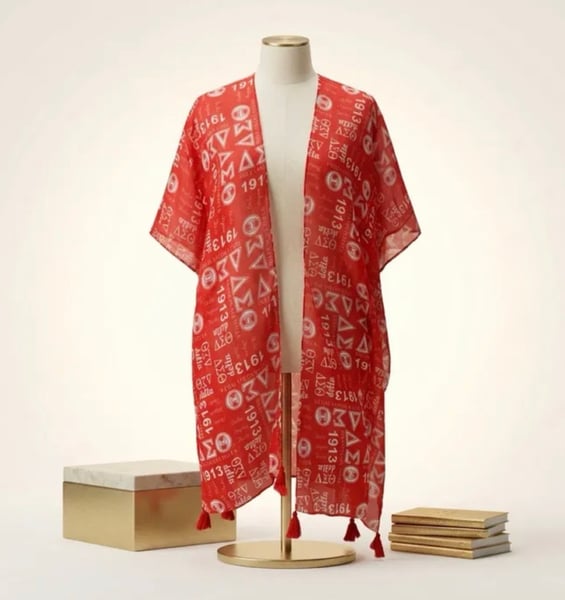 Image of DST Red and White Graphic Print Viscose Kimono