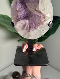 Image 11 of LAVENDER DRUZY QUARTZ EGG WITH RAINBOW FILLED CALCITE POINT ON A STAND -URUGUAY-