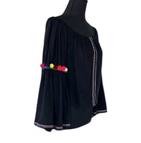 Image 5 of Pitusa Off The Shoulder Black Pom Pom Bell Sleeve Top - One Size Festival Boho