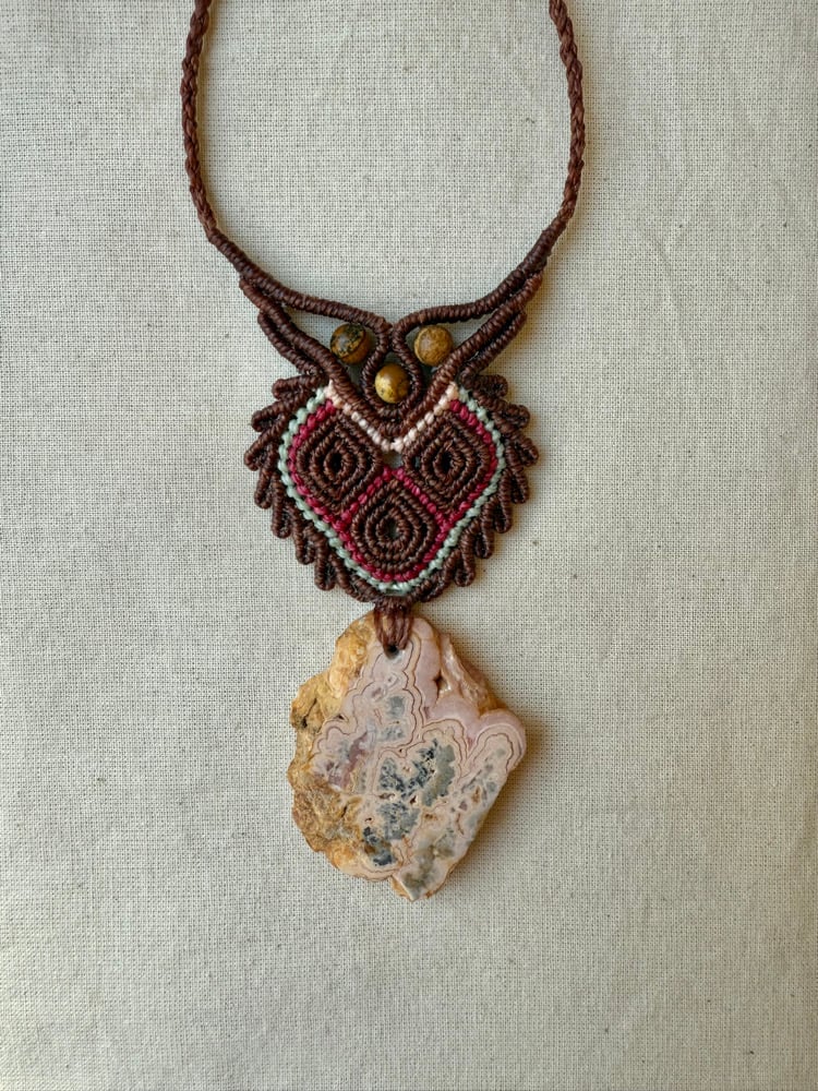 Image of Macrame pendant with rhodochrosite and picture jasper beads