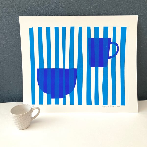 Image of Bowl and Cup on Blue Stripes handmade print