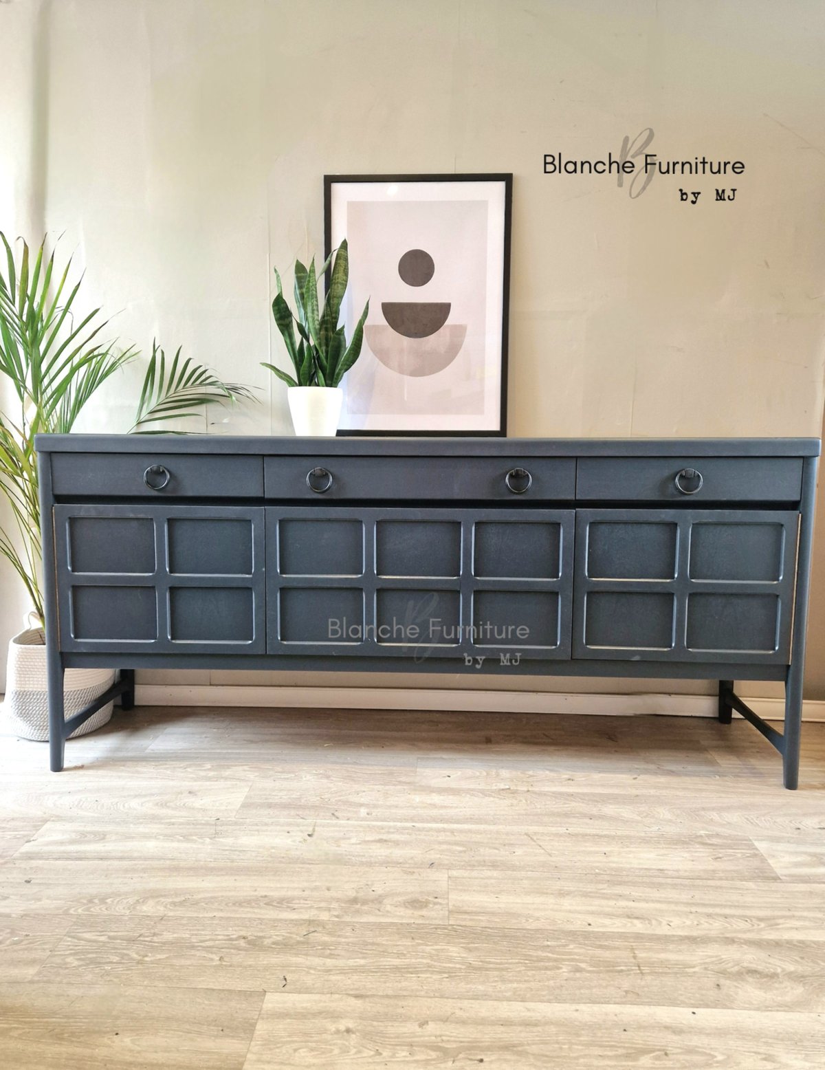 Image of Stunning Mid Century Nathan Long Sideboard in Dark Grey with Black Handles