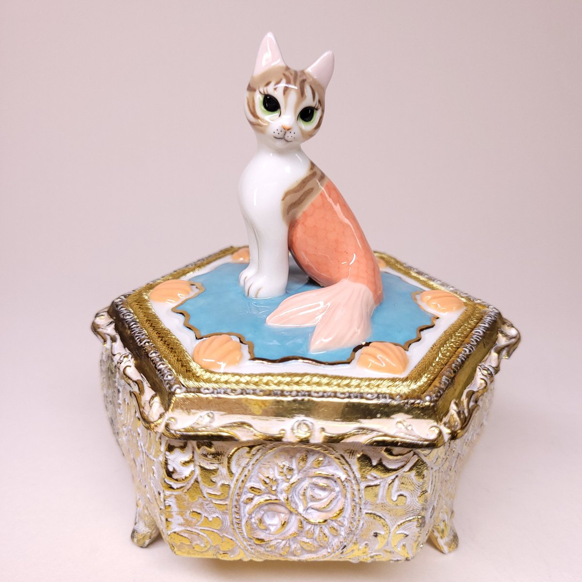 Image of Porcelain Brown Tabby Purrmaid Large Trinket Box