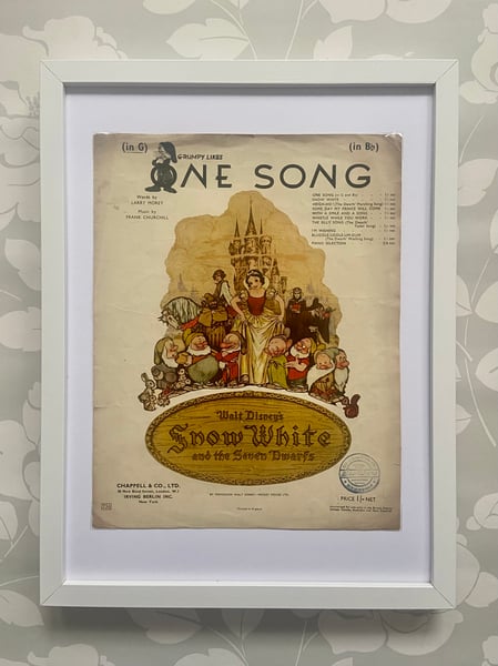 Image of Snow White c1937, framed vintage sheet music of 'One Song'