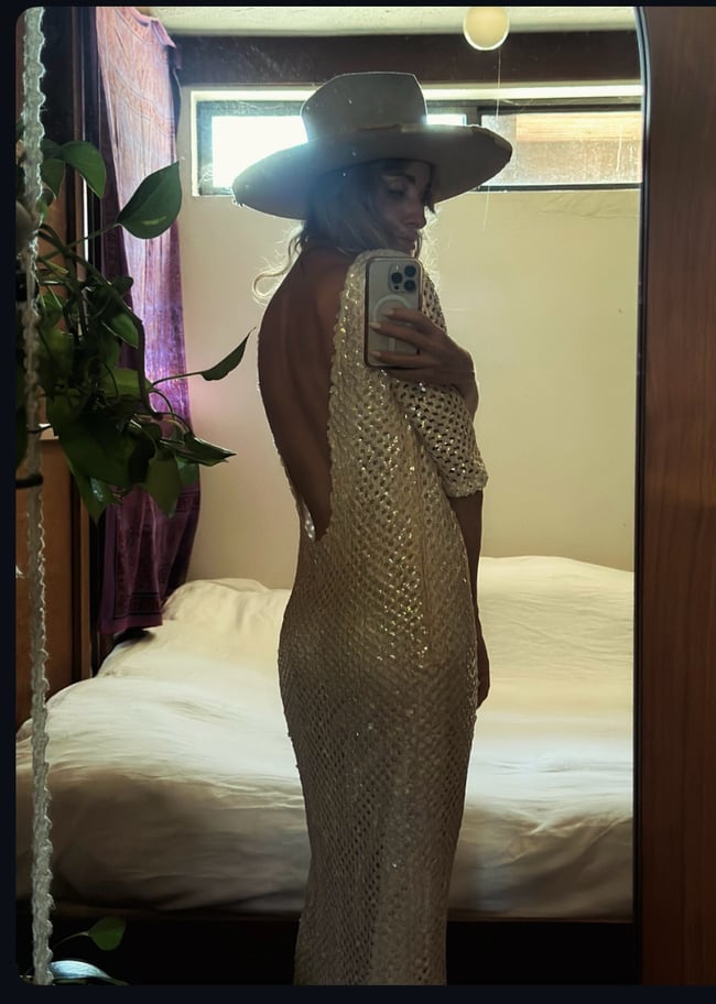 late 60s plunging low back champagne sequin crochet maxi dress
