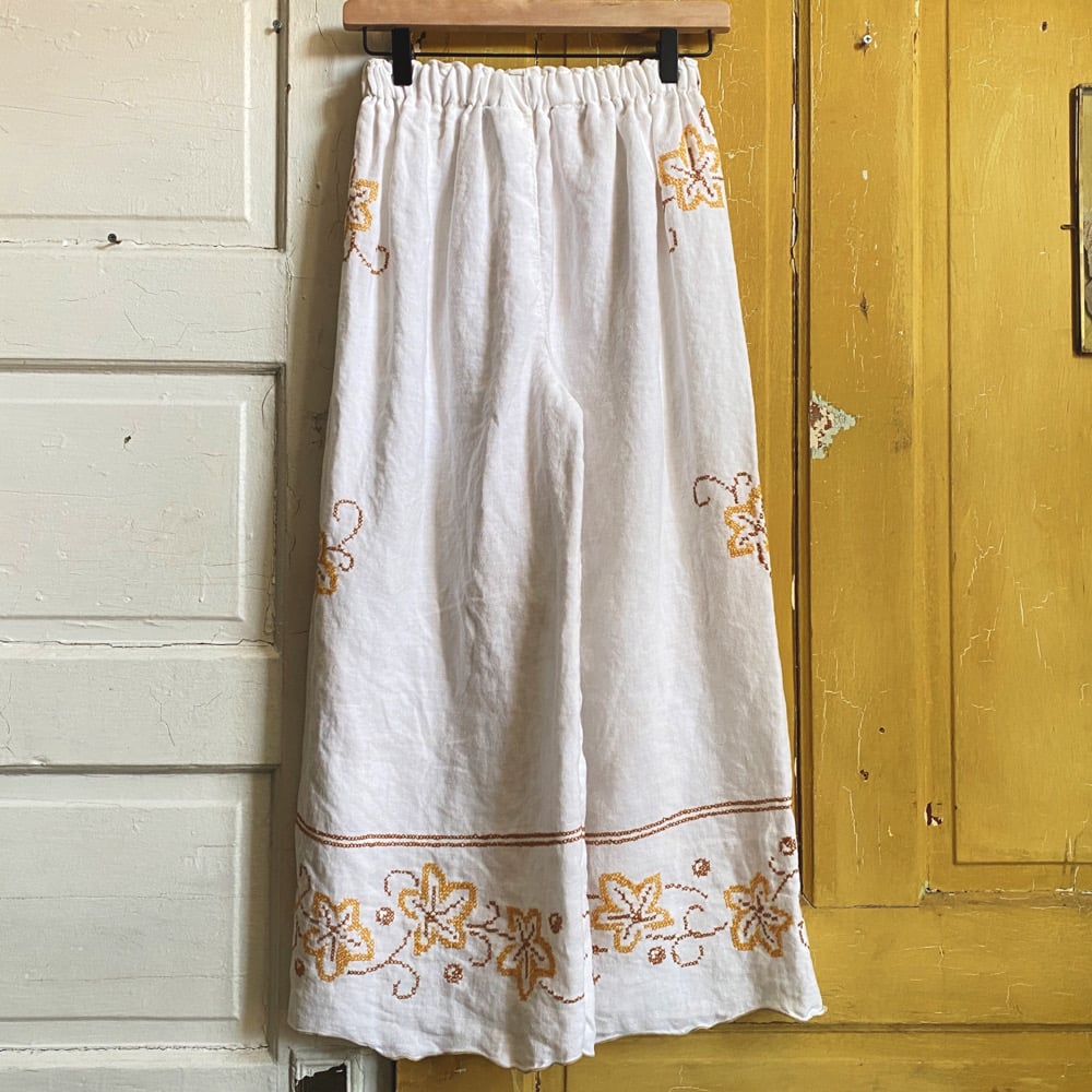 Image of Coastal Autumn Linen Cross-stitch Granny Pants