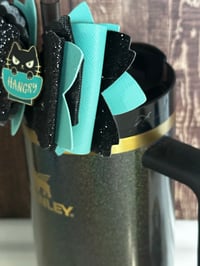 Image 2 of Black and Teal Tumbler Straw Topper Bow | Glitter Cup Accessory 