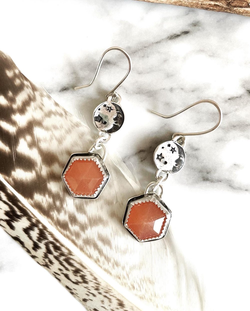 Handmade Sterling Silver Man In The Moon Peach Moonstone Earrings 925
