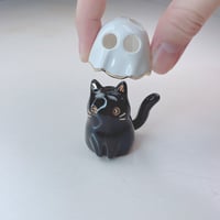 Image 3 of Black kitten with ghost mask ceramic figurine (tiny Hole For Flowers)