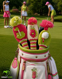 Image 1 of Preppy pink lime embroidered handknit GOLF Club Covers choice of design