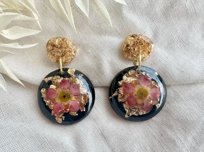 Droplet Earrings - Dark Pink Tea Tree, Black & Gold