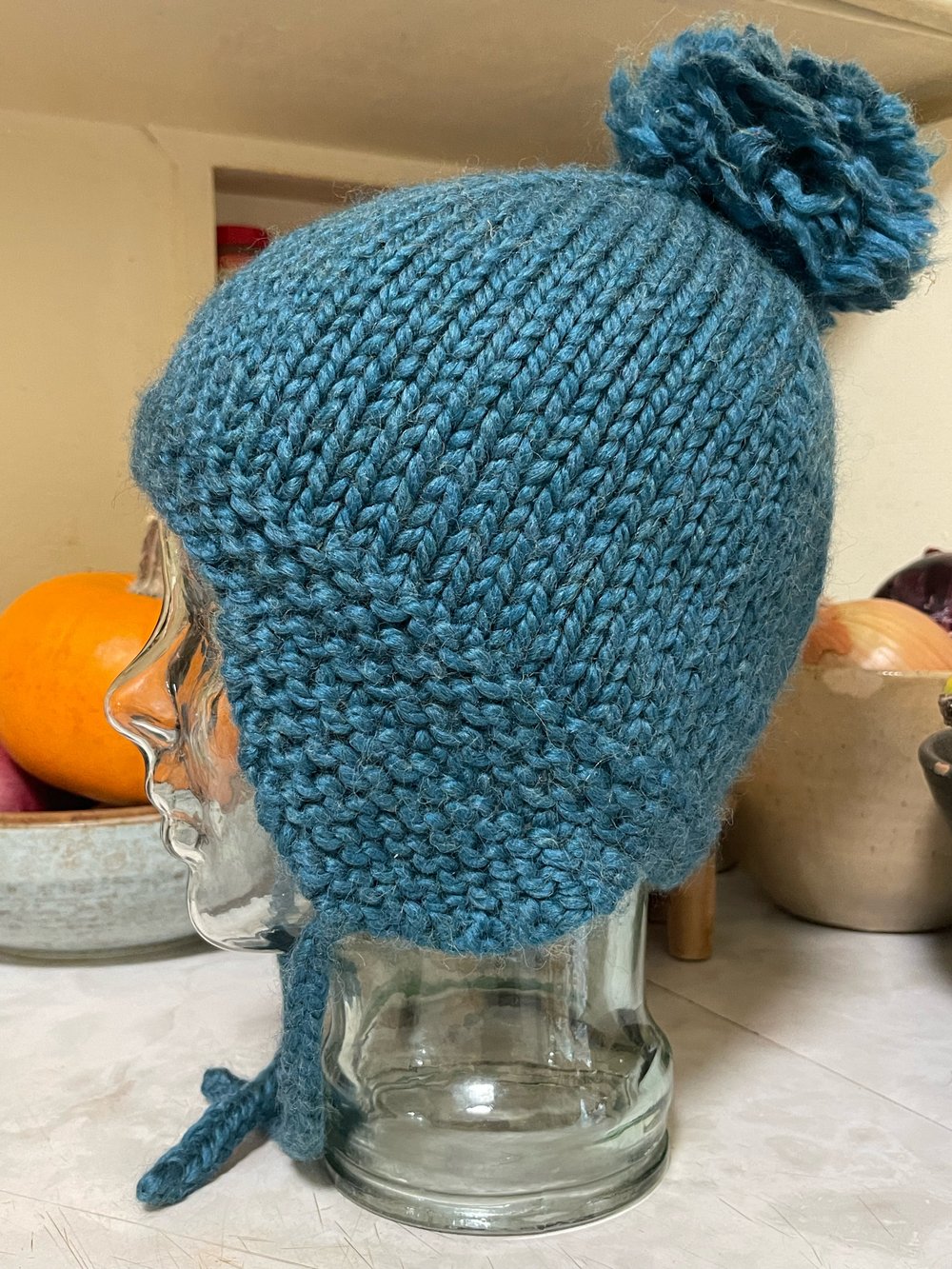 Blue Hand Knit Winter Hat with PomPom And Tie Cords