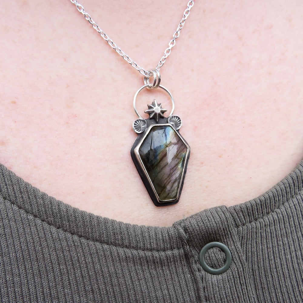 Spectral Slumber Labradorite Coffin Pendant Sterling Silver - Star Detail