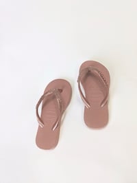 Image 1 of Havaianas Blush Pink Kid Glitter Flip Flops w/Havaianas Metal Lettering on Strap