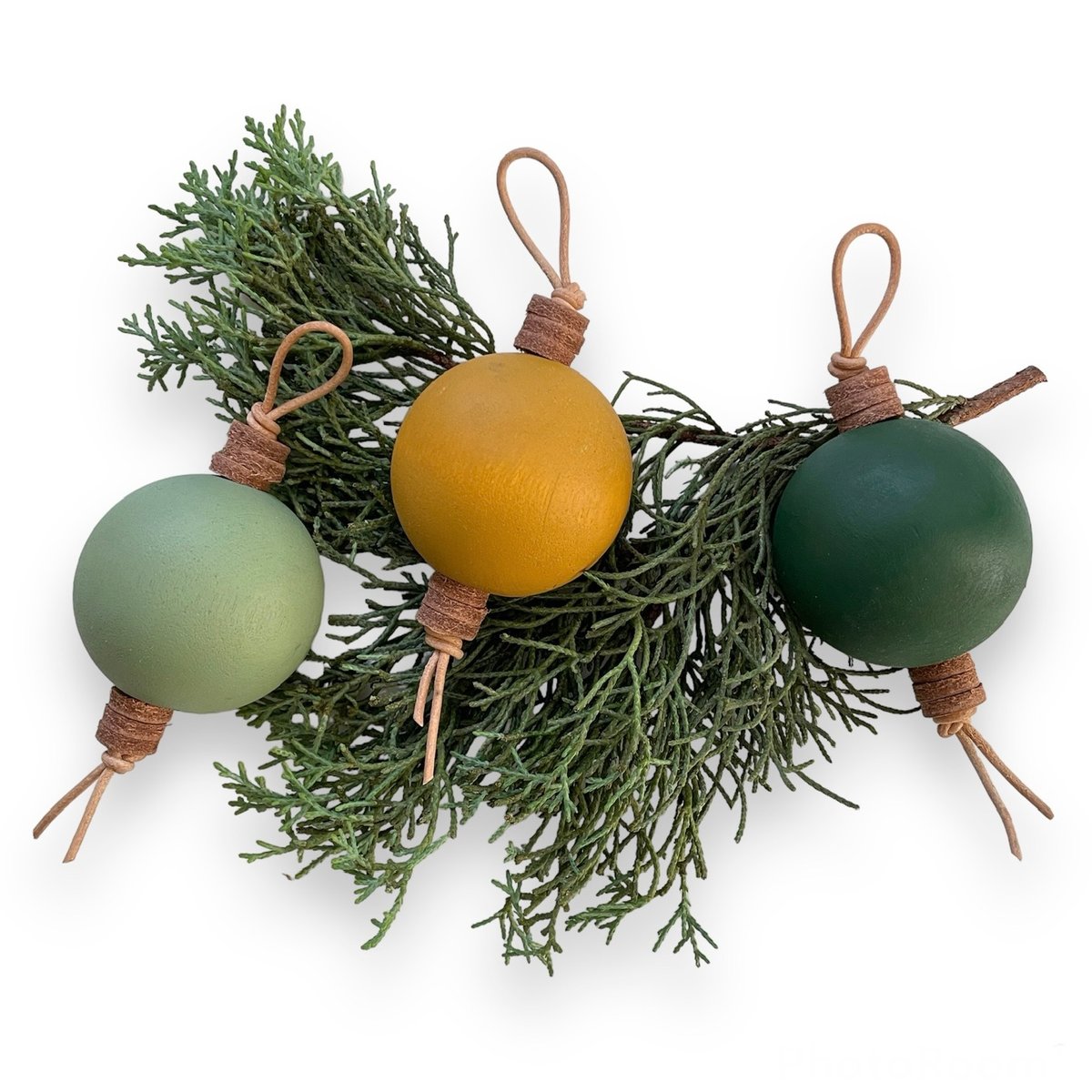 Image of WOODEN BALL ORNAMENTS - GREEN/YELLOW - SET of 3