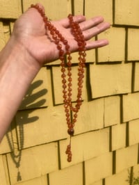 Image 5 of Sunstone Mala with Fire Quartz Guru Bead, Oligoclaise Sunstone 108 Bead Hand Knotted Gemstone Mala
