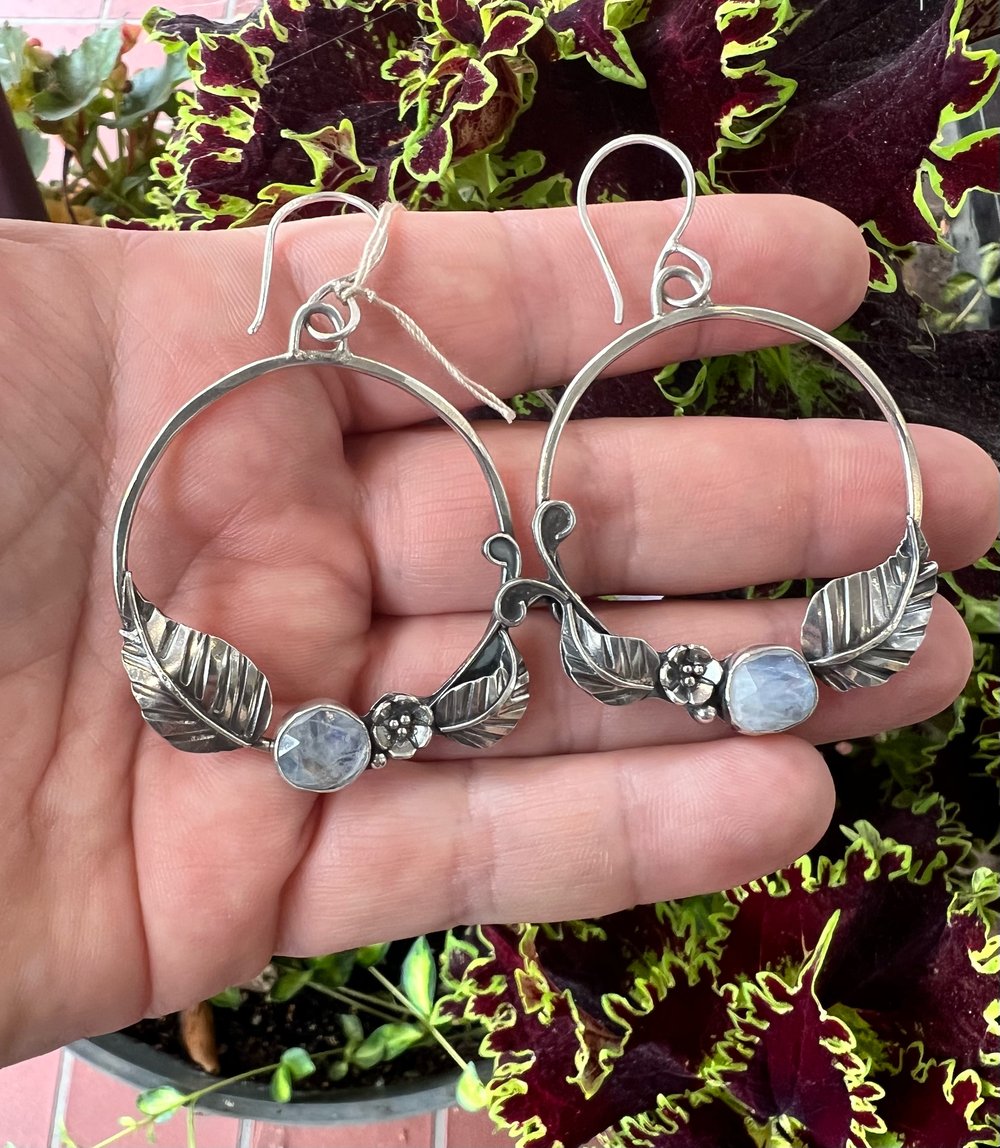 Image of Moonstone Floral Dangle Hoops- Fina Moon Silver Studio