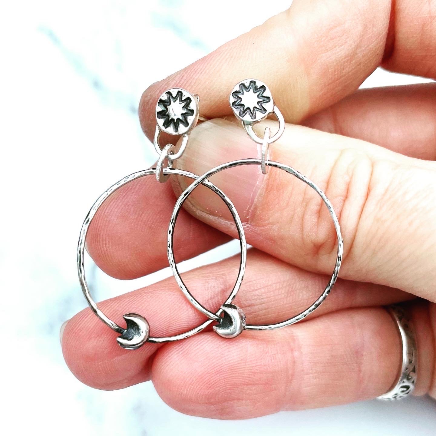 Image of Handmade Sterling Silver Celestial Star And Moon Hammered Hoop Earrings 925