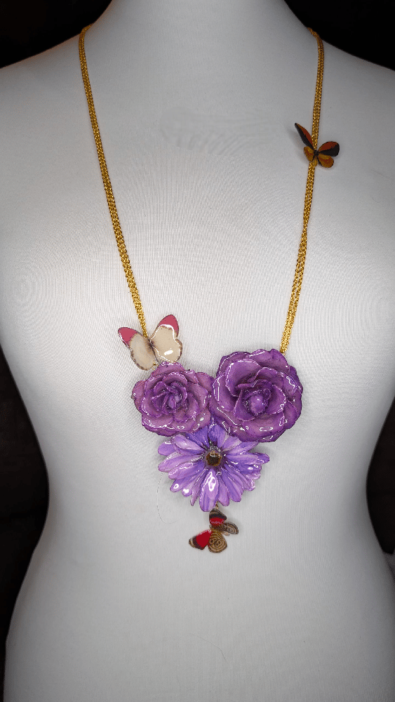 Image of OOAK Purple Rose & Art Butterfly Necklace 