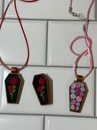 Image 4 of Embroidered Pins and Neckalces in handcarved wood 
