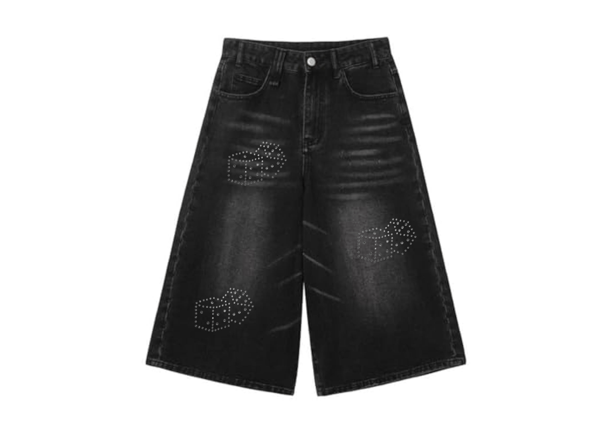 Image of RHINESTONE BLACK BAGGY DENIM SHORT