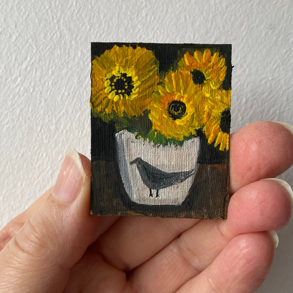 Image of Sunflowers in a bird bowl - very tiny painting