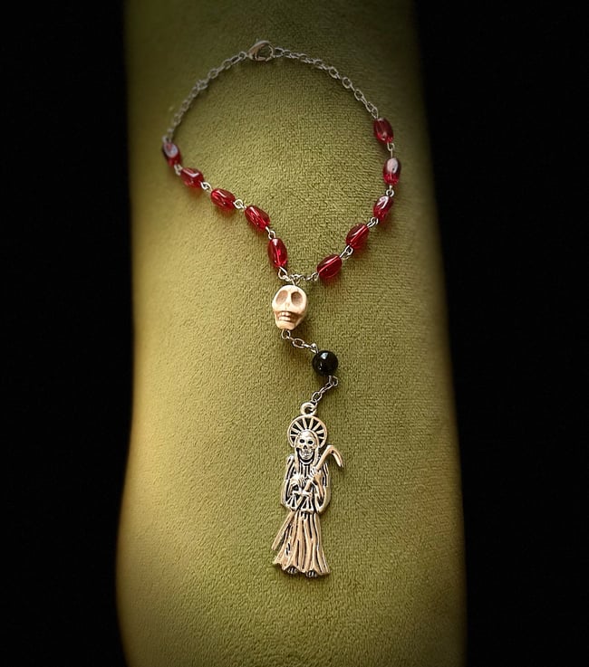 Santa Muerte Car Rosary - Red