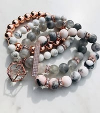 Celestial Harmony – Set in Pink Zebra Jasper, White Jade & Gray Agate with Rose Gold Accents
