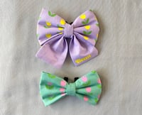 Image 1 of Personalised Tulips Dog Bow - Handmade Mint Green or Lilac with Spring Tulips Design