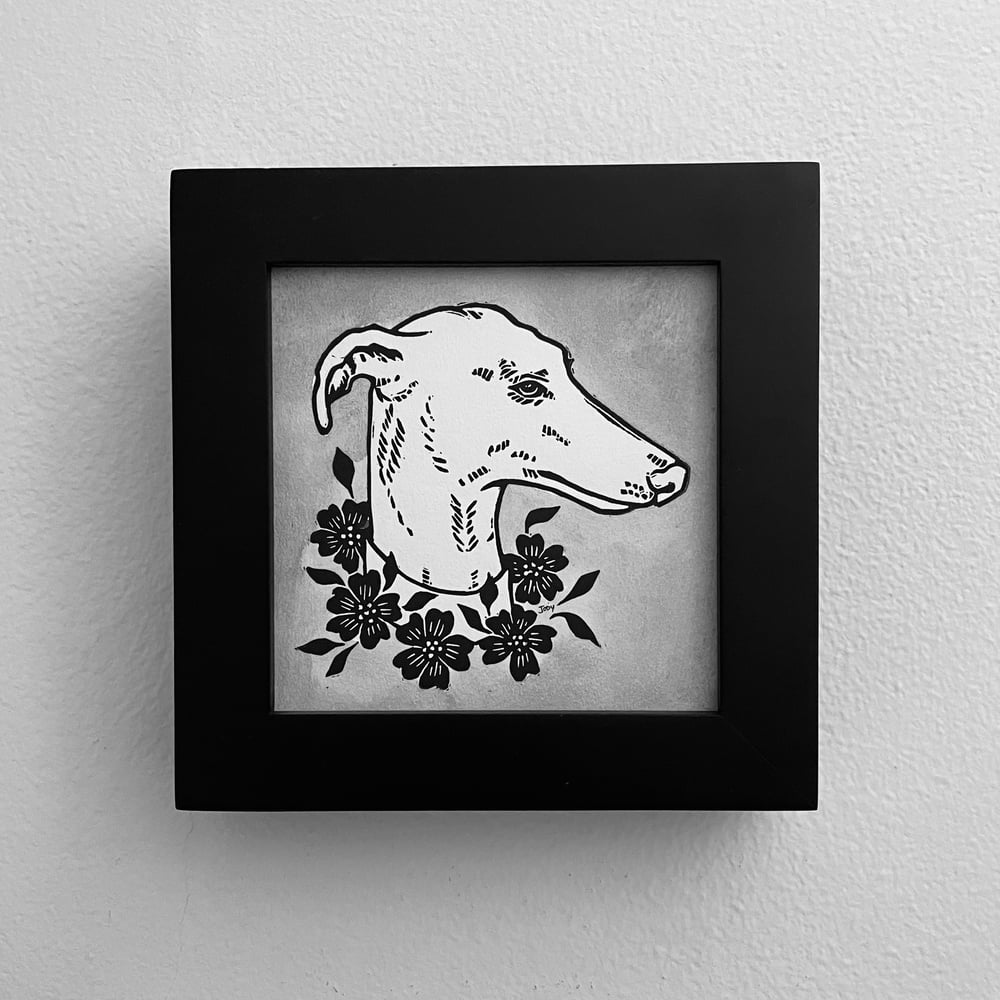 Greyhound Portrait Linocut And Watercolor Print