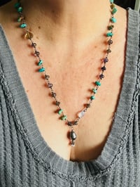 Image 4 of iolite turquoise petal and grey moonstone necklace with pearl opal fringe pendant