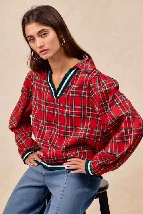 Image of Festive Red Plaid V-Neck Top