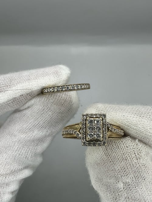 Image of Vintage 9K Gold 0.5ct Natural Diamond Cluster Ring and Half Eternity Band Set 