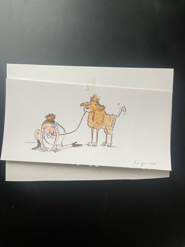 Originalzeichnung Tusche und Aquarell auf Papier "HundmitFrauchen"