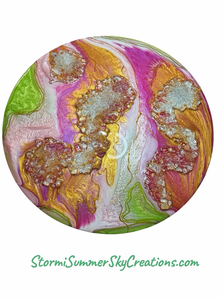 Image of 18x18 Round Pink, Gold, white and green geode art