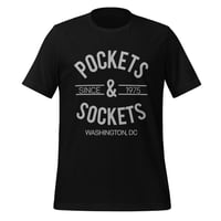 Image 1 of "POCKETS & SOCKETS" - Since 1975 (DC Utility Mark) Dark Unisex Tee - Gray Text (see color options)