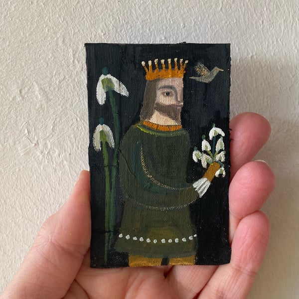 Image of A snowdrop king with bird - tiny painting 