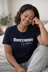 Image 3 of Overcomer By Grace Christian T-Shirt for Women | Faith-Based Motivational Shirt