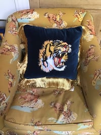 Image 11 of blue or pink  cotton velvet with embroidered tiger patch and gold fringing
