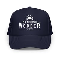 Image 5 of Brackish Wooder Foam Trucker Hat – White Logo with Chesapeake Blue Crab | Snapback Mesh Cap